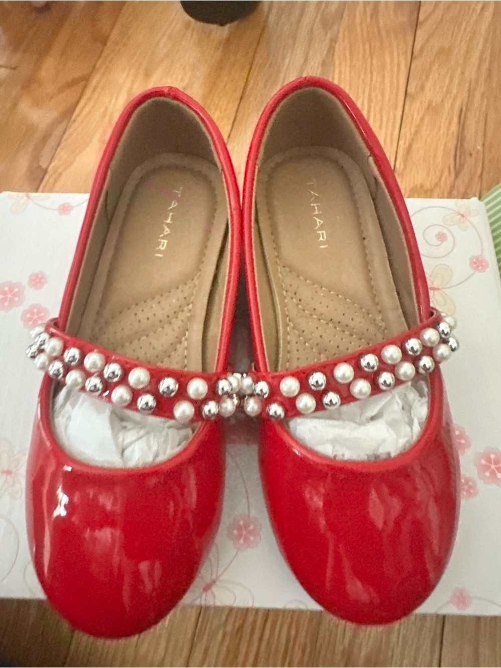 Tahari Red Patent Mary Janes with Pearl & Silver Bead Strap